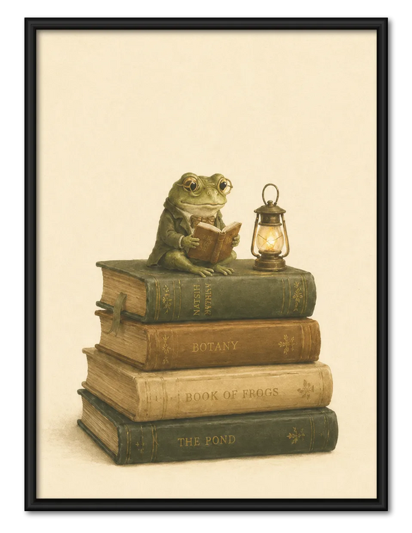 Reading Frog Vintage Book Stack Wall Art
