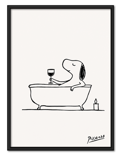 Dog in Bathtub Wine Line Art Wall Art 1