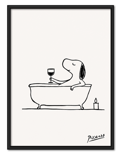 Dog in Bathtub Wine Line Art Wall Art
