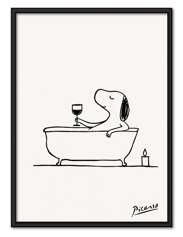 Dog in Bathtub Wine Line Art Wall Art