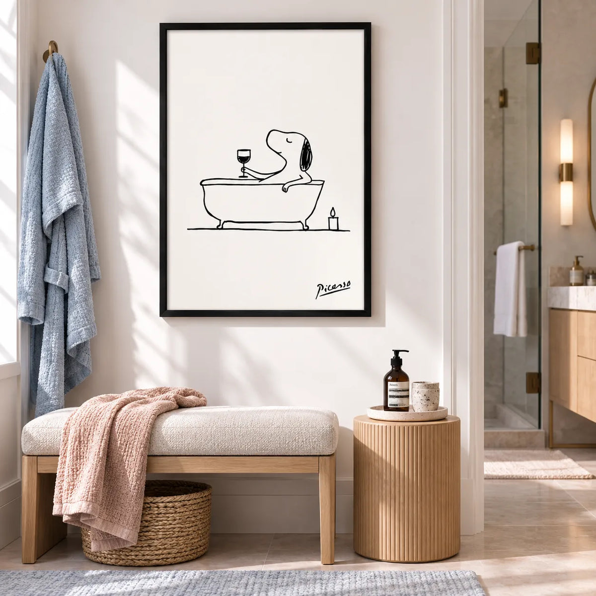 Dog in Bathtub Wine Line Art Wall Art 2