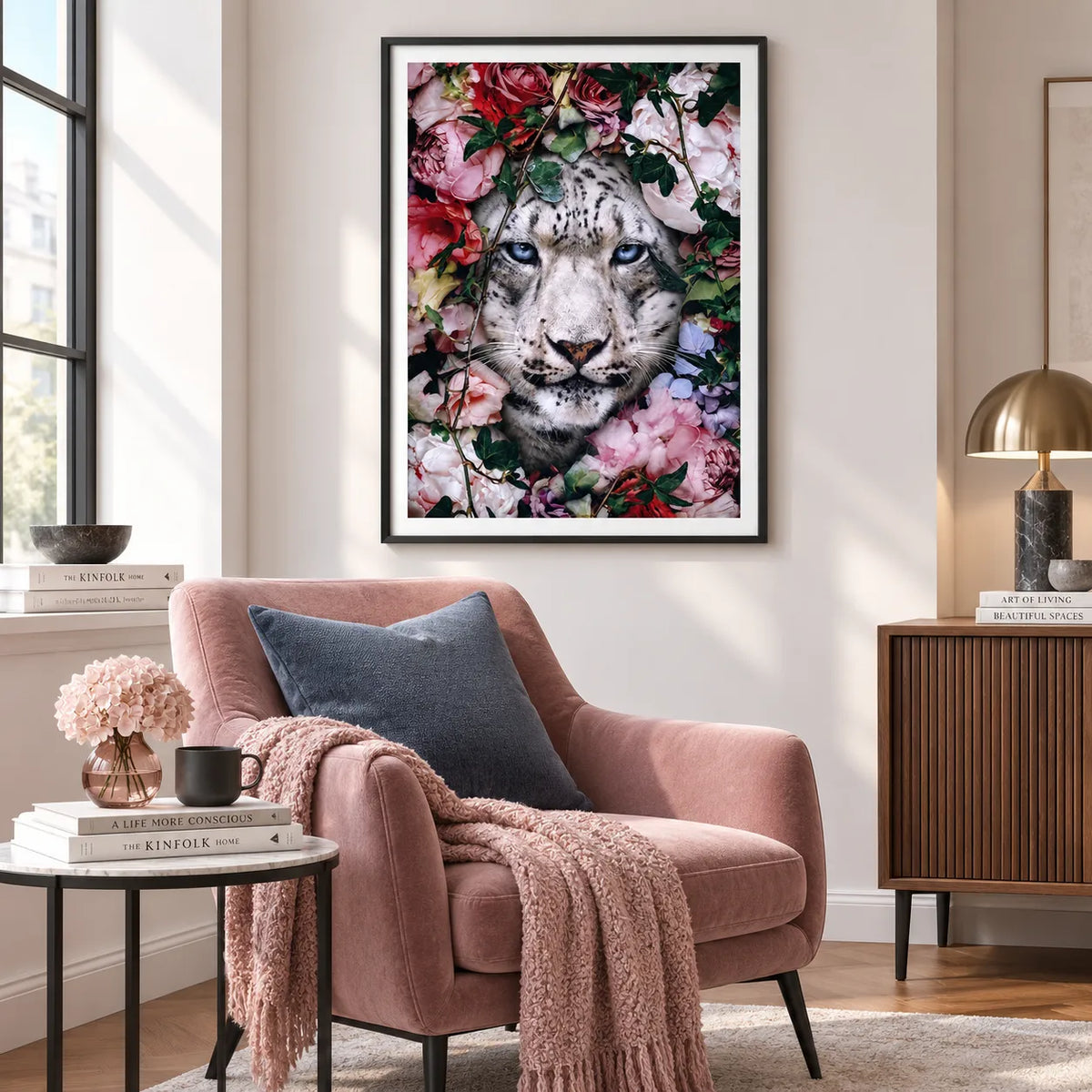 Snow Leopard Floral Portrait Wall Art 2