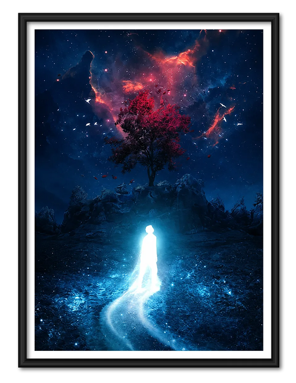 Glowing Figure Cosmic Tree Wall Art