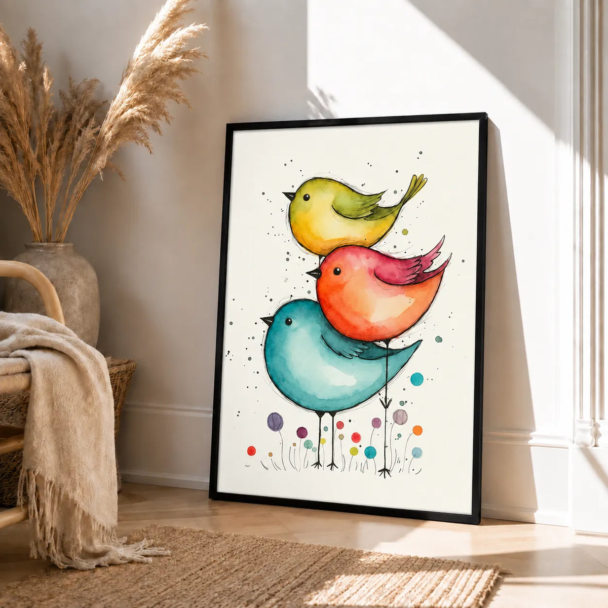 Three Colorful Birds Watercolor Wall Art 4