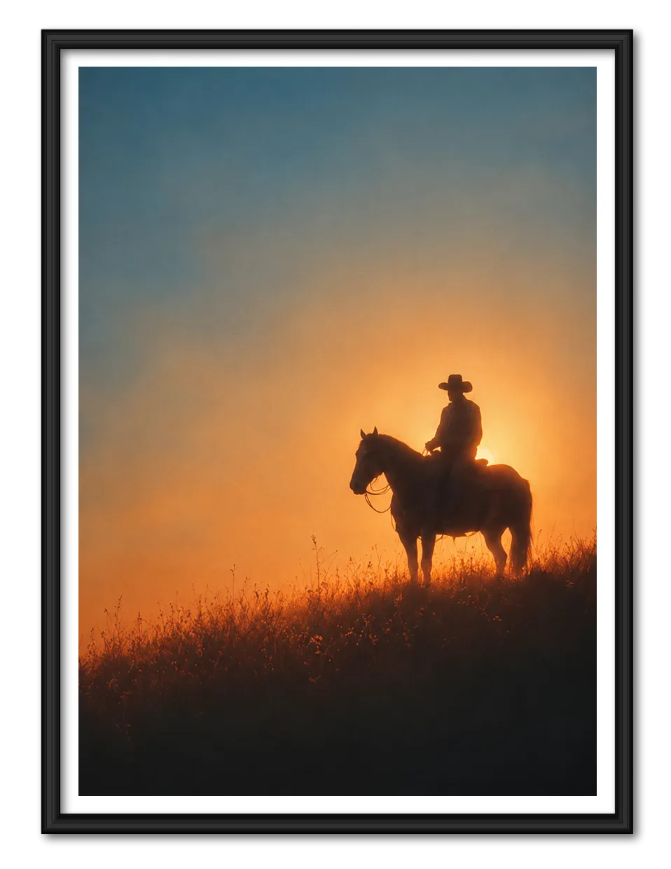 Cowboy Horse Sunset Silhouette Wall Art 1