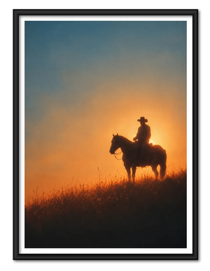 Cowboy Horse Sunset Silhouette Wall Art