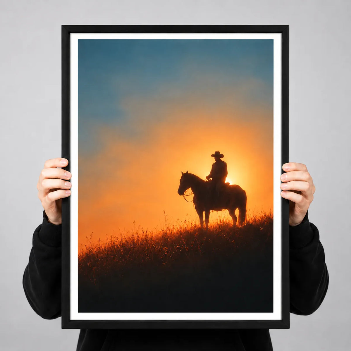 Cowboy Horse Sunset Silhouette Wall Art 3