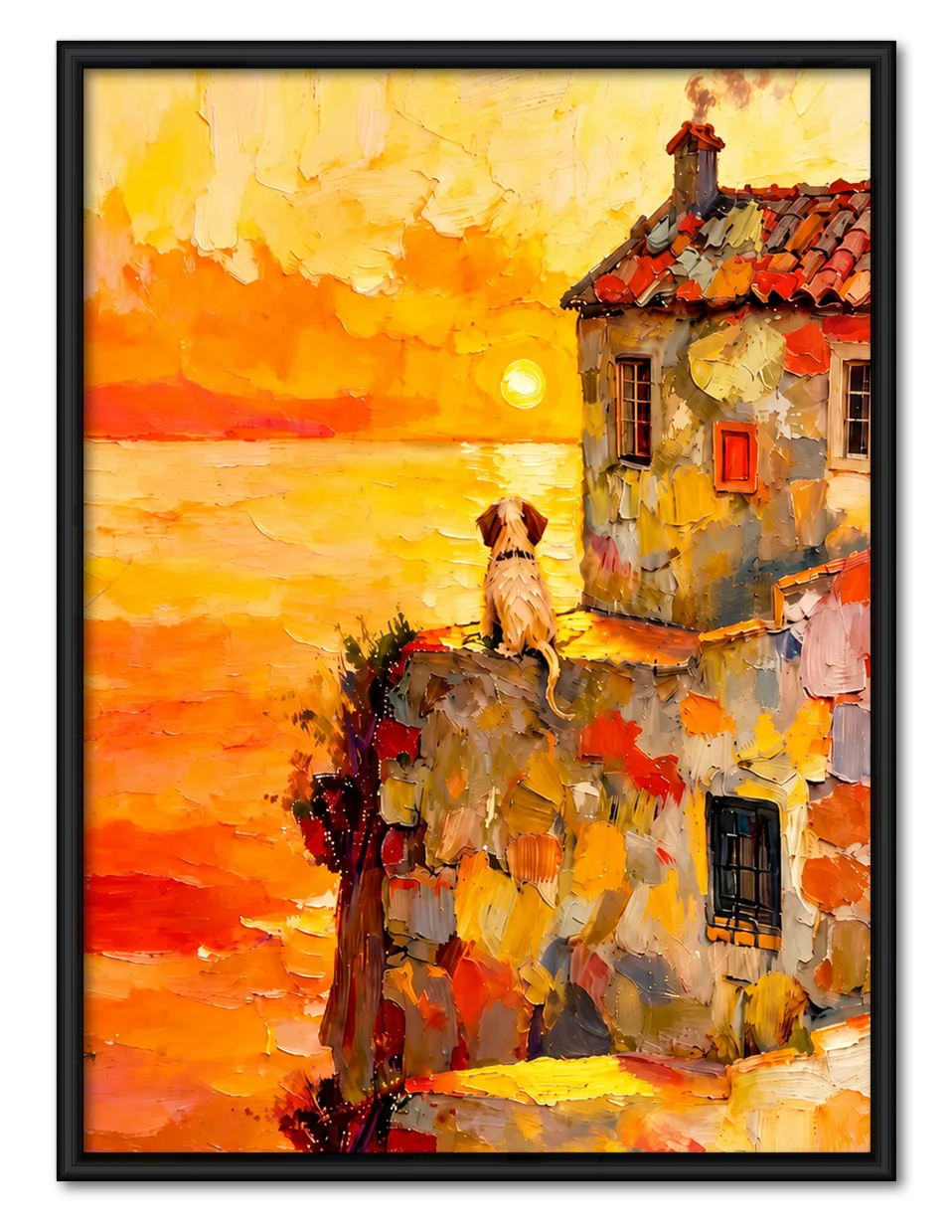 Dog Watching Sunset Coastal Village Wall Art 1