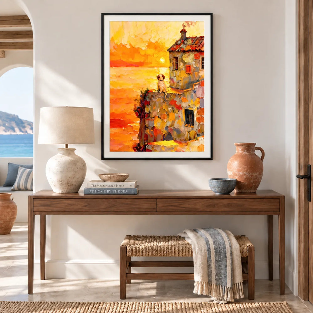 Dog Watching Sunset Coastal Village Wall Art 2
