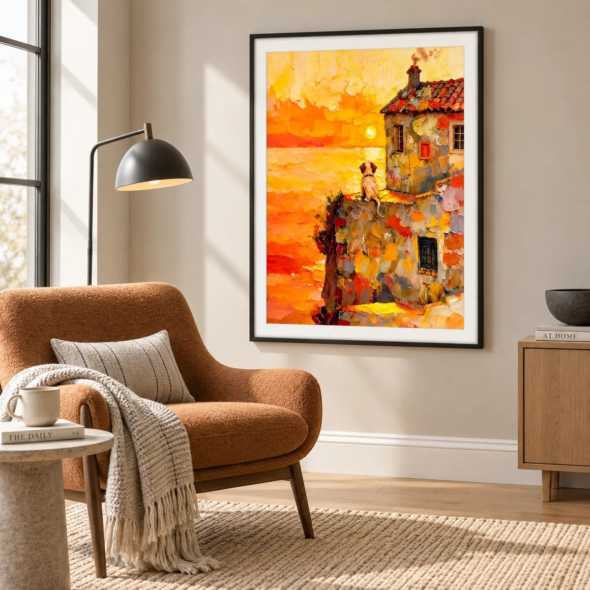 Dog Watching Sunset Coastal Village Wall Art 3