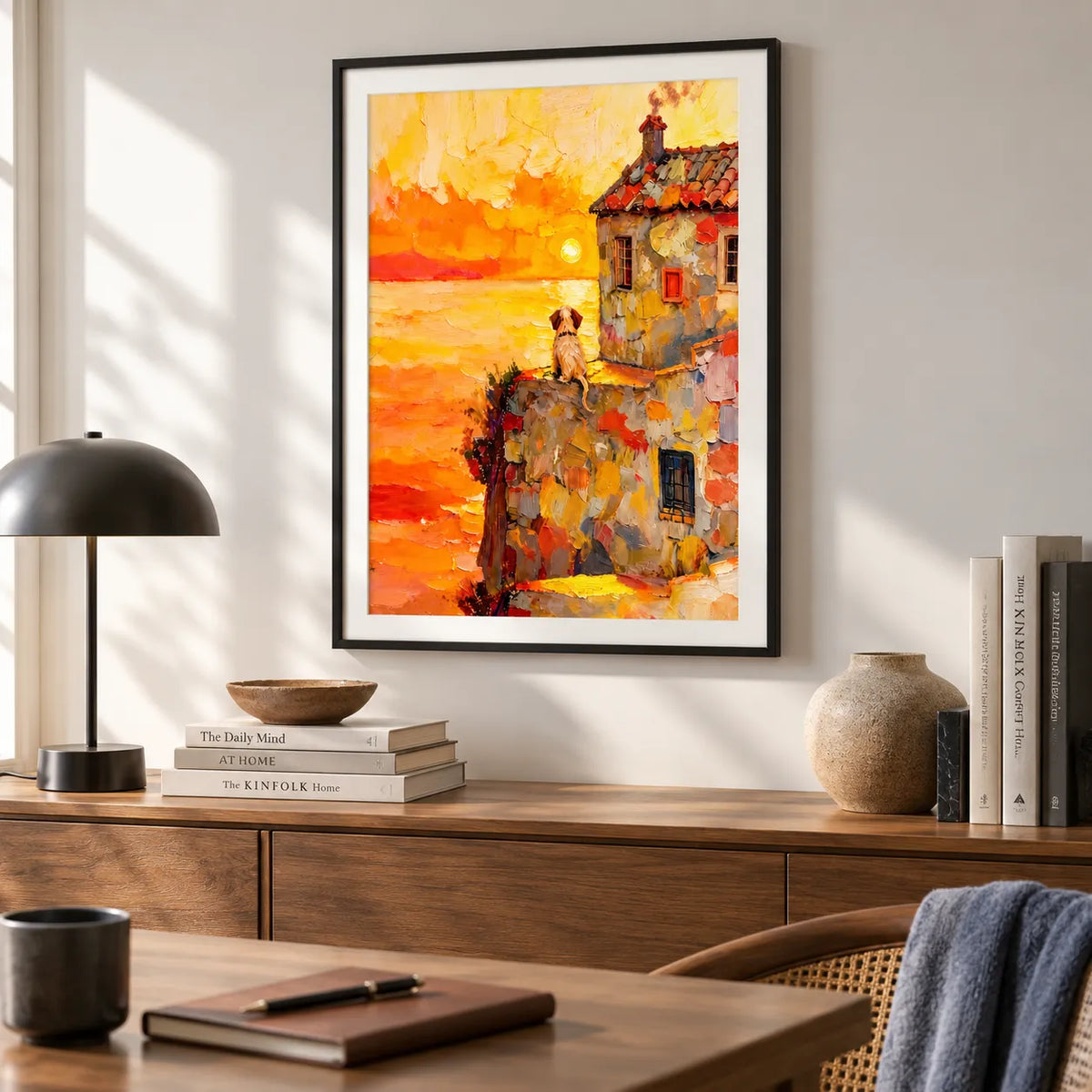 Dog Watching Sunset Coastal Village Wall Art 4
