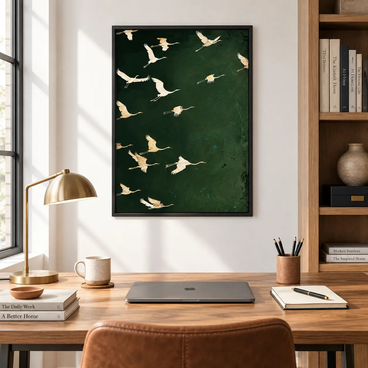Flying Cranes Dark Green Wall Art 2