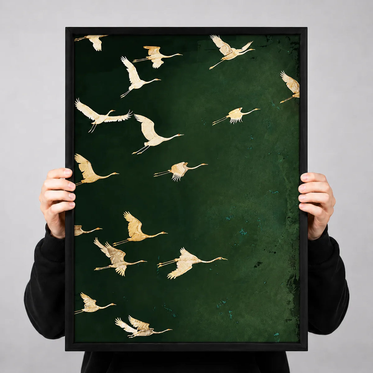 Flying Cranes Dark Green Wall Art 3