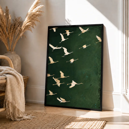 Flying Cranes Dark Green Wall Art 4