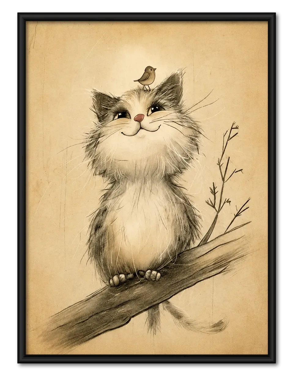 Whimsical Cat and Bird Wall Art 1