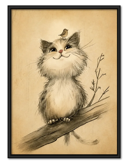 Whimsical Cat and Bird Wall Art