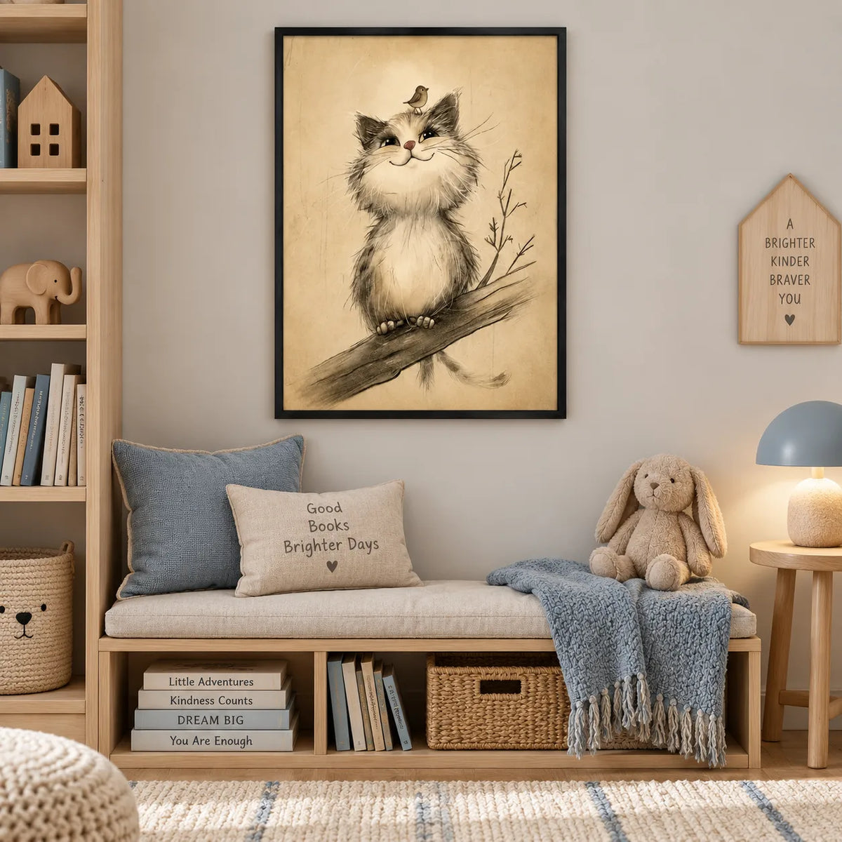 Whimsical Cat and Bird Wall Art 2