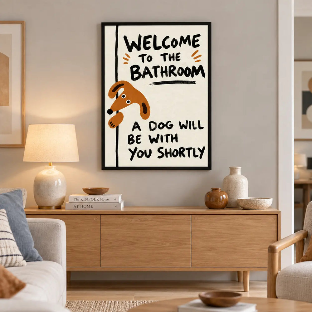 “Welcome to the Bathroom” Funny Dog – Humorous Bathroom Wall Art on Natural Wood Canvas